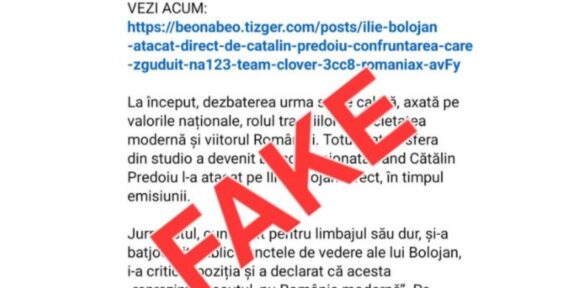 Screenshot of a Romanian article excerpt with blue hyperlinks and black text, overlaid by a large red 'FALSE' stamp diagonally across the page.