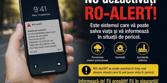 Hand holding a smartphone with a RO-ALERT warning notification.