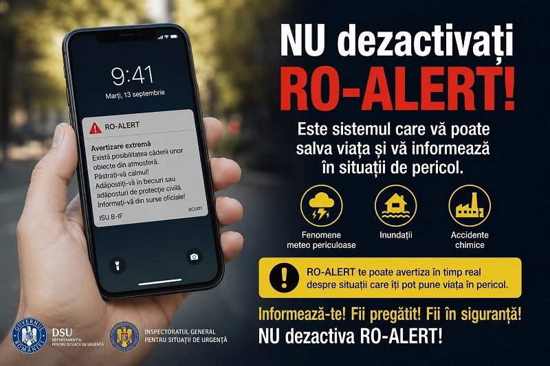 Hand holding a smartphone with a RO-ALERT warning notification.