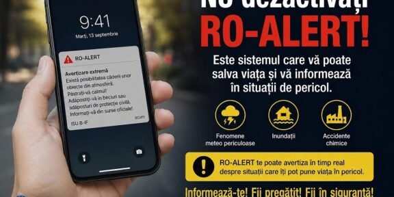 Hand holding a smartphone with a RO-ALERT warning notification.