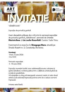 Event poster inviting to the art and graphic exhibition 'Sărbătoare' featuring Marieta Besu and Lia Laufer Rosenfeld; at Sinagoga Mare, Constanța, Romania. Vernissage: Friday, June 5, 2026 at 15:00. Exhibition: June 5–10, 2026.
