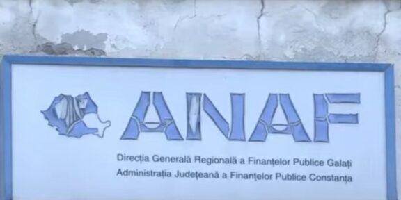 Blue-framed sign for ANAF, the Romanian Tax Administration, with Galați regional directorate text