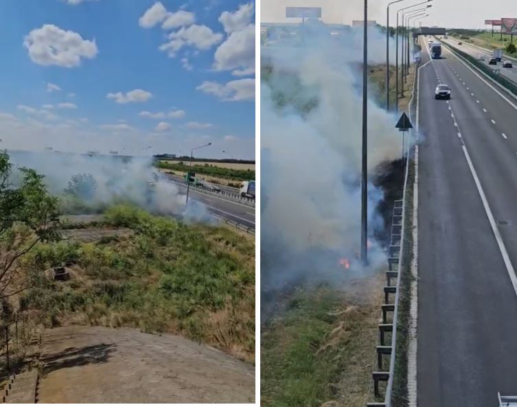 Atenție, șoferi! Incendiu de vegetație uscată pe A2, pe sensul București–Constanța