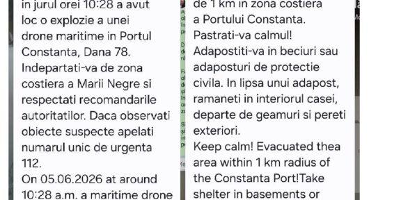 Two RO-ALERT warning messages (Romanian and English) about a drone explosion near the Port of Constanța; evacuate within 1 km and seek shelter in basements or civil shelters.