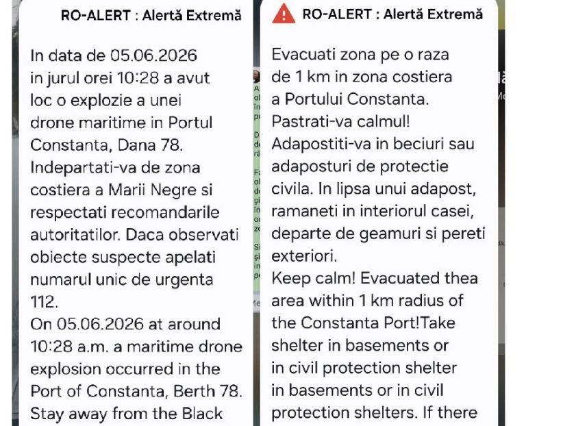 Two RO-ALERT warning messages (Romanian and English) about a drone explosion near the Port of Constanța; evacuate within 1 km and seek shelter in basements or civil shelters.