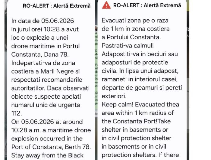 Două mesaje RO-ALERT în Constanța după explozia unei drone în Port. Oamenii, evacuați pe o rază de un kilometru