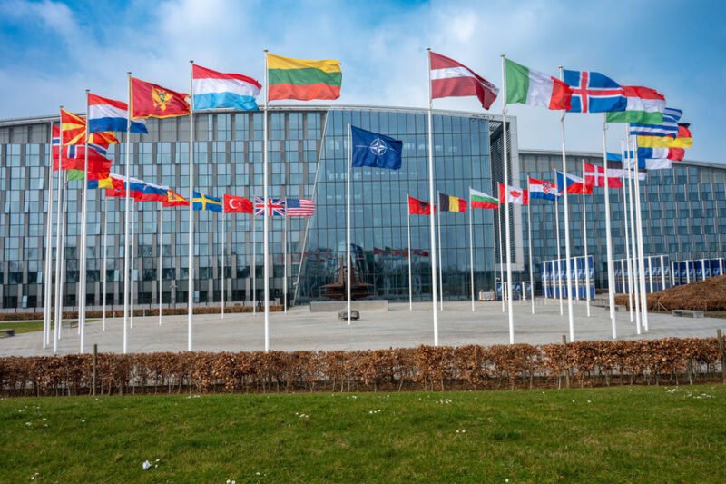 Modern glass-front building with row of flagpoles displaying numerous international flags in front of the plaza under a blue sky