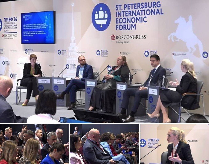 Panel discussion at the St. Petersburg International Economic Forum with five speakers on stage and audience in foreground.