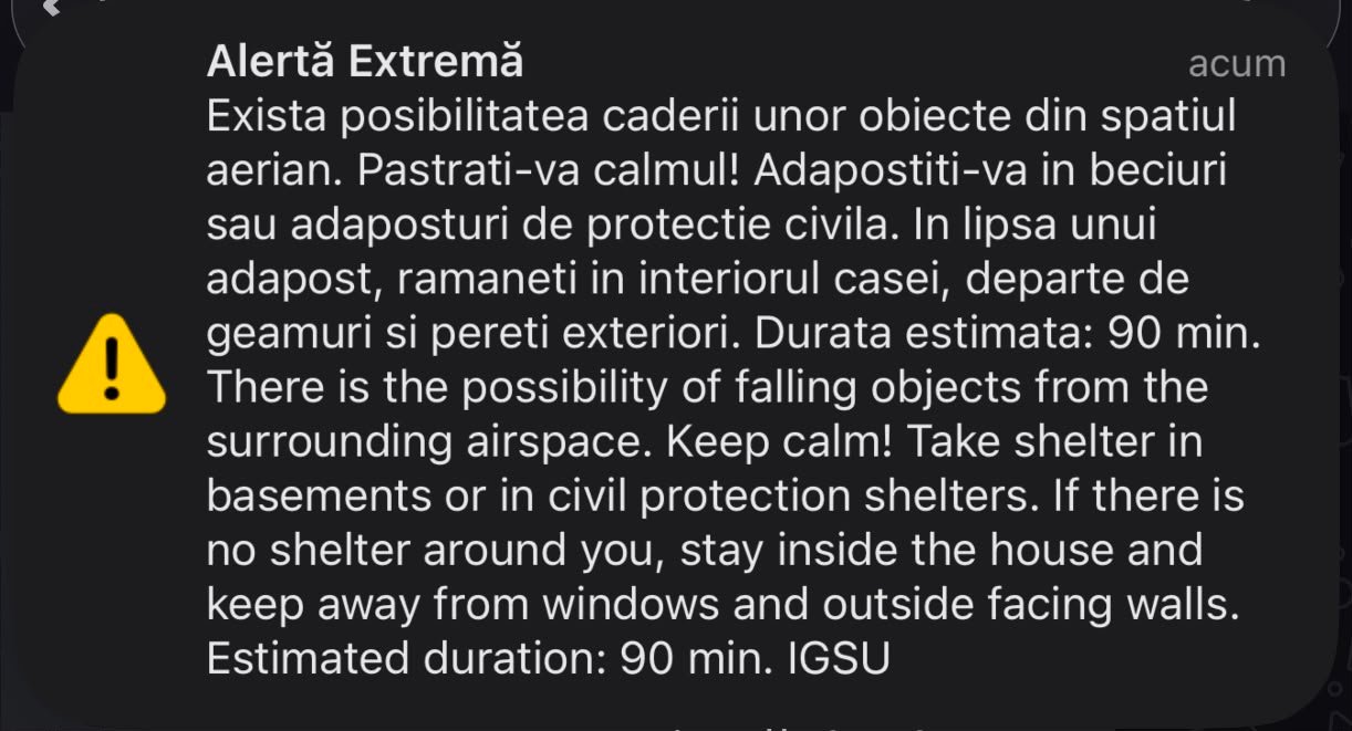 RO-Alert în nordul județului Tulcea: populația, avertizată asupra riscului căderii unor obiecte din spațiul aerian