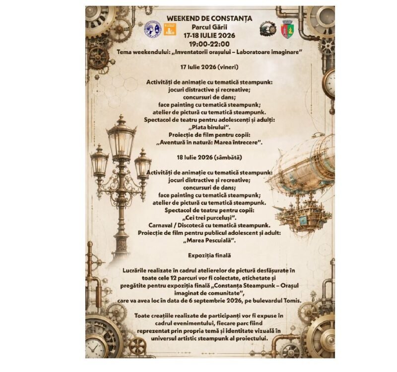 „Weekend de Constanța” ajunge în Parcul Gării cu spectacole, filme și ateliere inspirate din universul steampunk