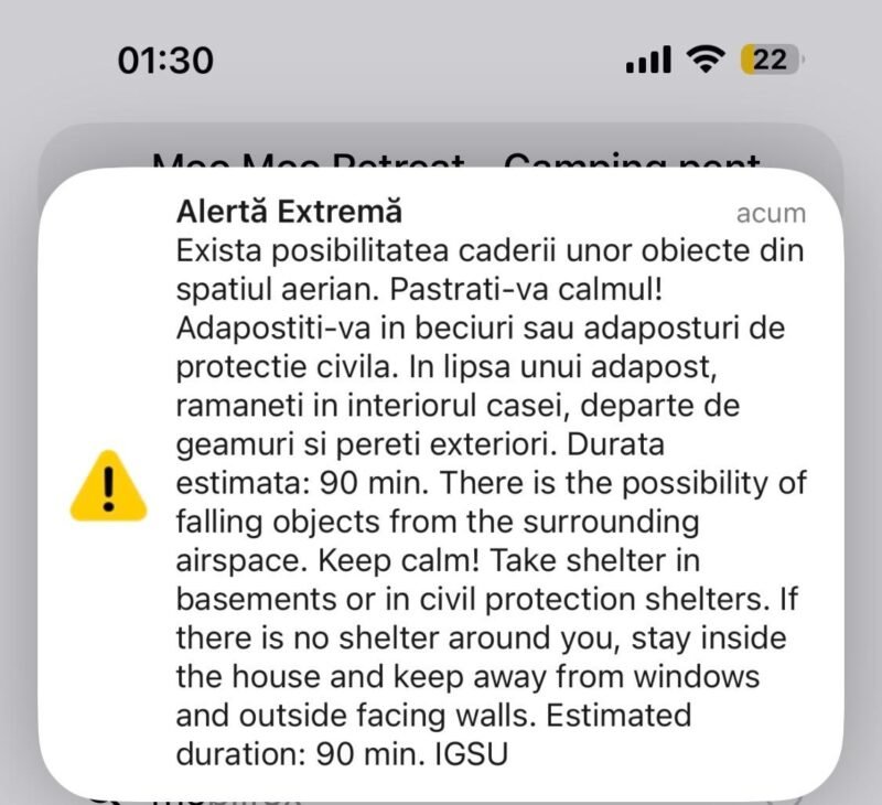 Alertă aeriană în România: cinci drone, detectate de radare. Una a intrat în spațiul aerian românesc: RO Alert pentru județul Tulcea