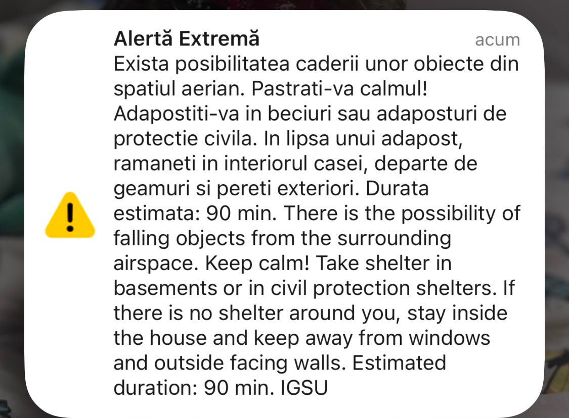 RO-Alert în nordul județului Tulcea. ”Există posibilitatea căderii unor obiecte din spaţiul aerian. Păstraţi-vă calmul!”