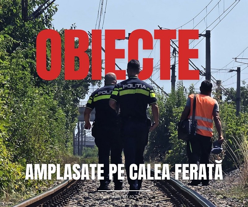 Pericol pe calea ferată Constanța-Mangalia! Traverse, crengi și o bornă de beton, puse pe șine