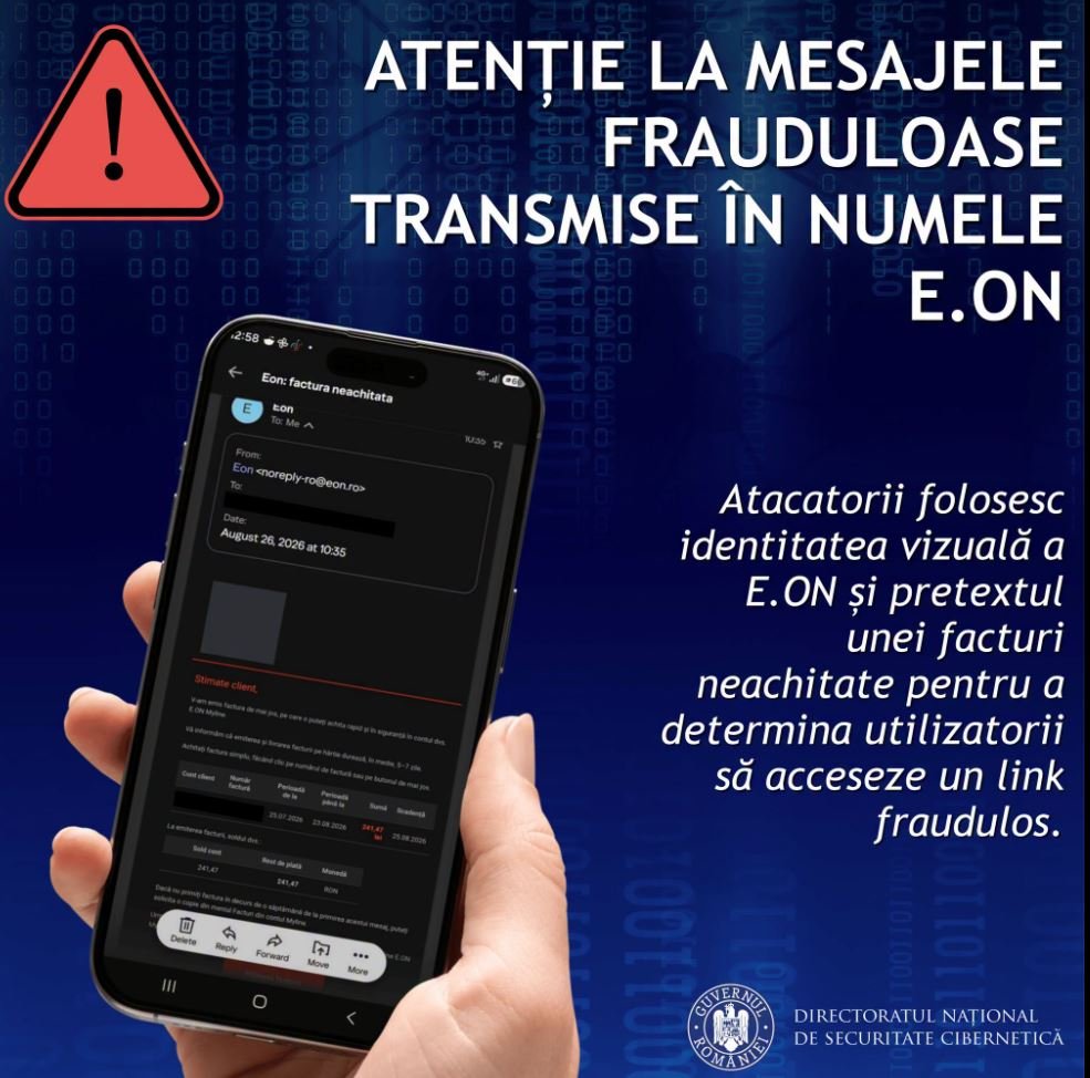 Alertă DNSC: Mesaje false trimise în numele E.ON. Românii, vizați de o nouă tentativă de fraudă