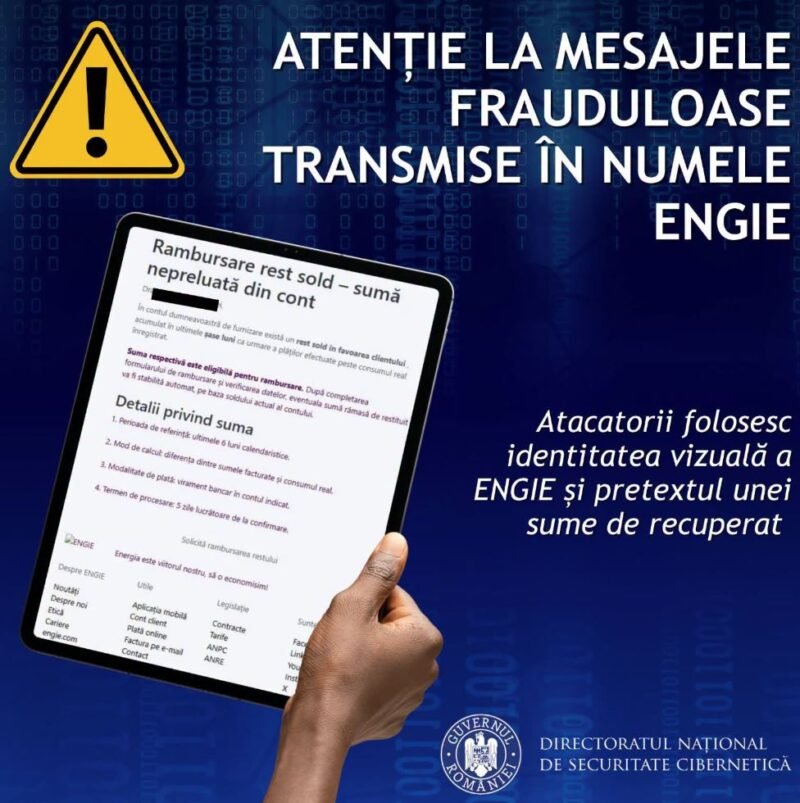 Mesaje false de rambursare ENGIE. DNSC avertizează asupra unei noi campanii de phishing